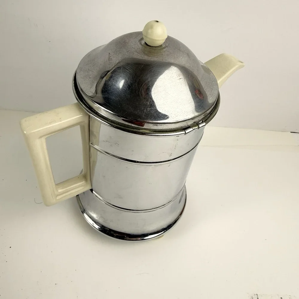 Vintage Ever-Hot Teapot Set Insulated Chrome Cozy Ceramic Pitcher Infuser Retro